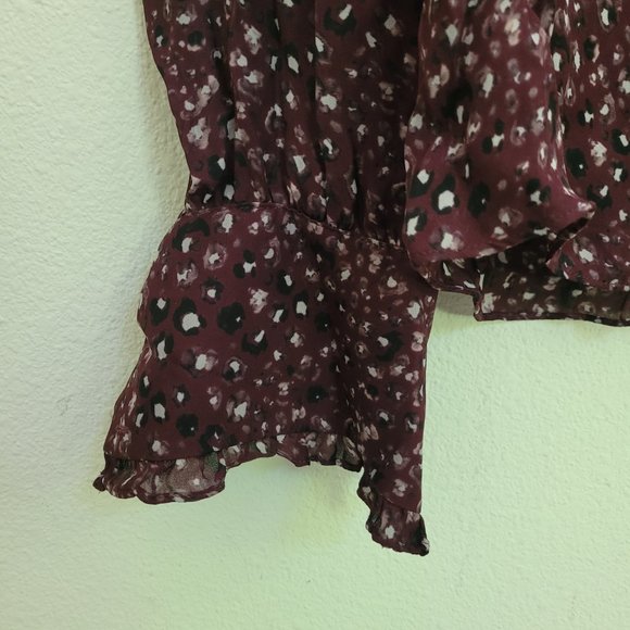 Parker Tilly Printed Ruffle Combo Blouse Sz M Dark Burgundy - Picture 4 of 10